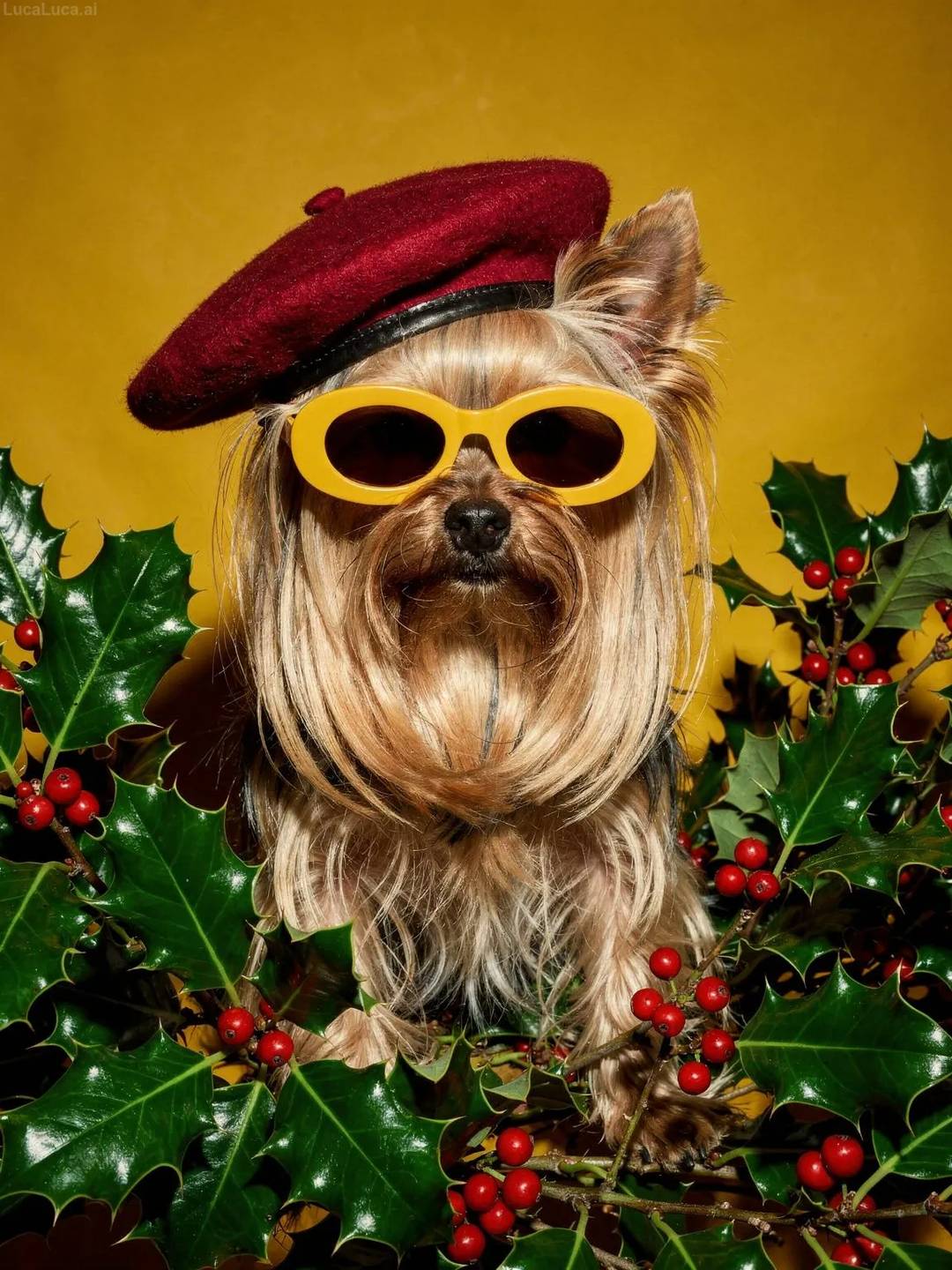 Yorkshire Terrier dog wearing yellow sunglasses and a cranberry beret holding holly branches