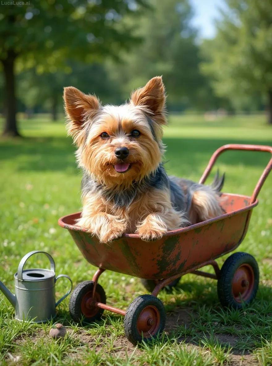 Yorkshire Terrier dog dozing in a wheelbarrow with a watering can nearby