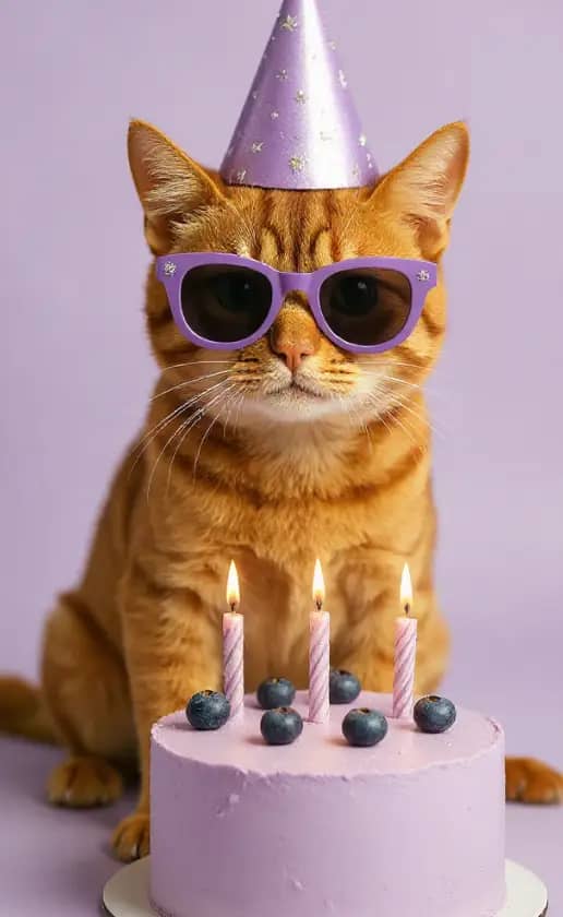 Your pet with a birthday hat and a cake.