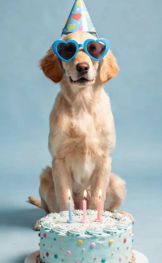 Your pet with a birthday hat and a cake.