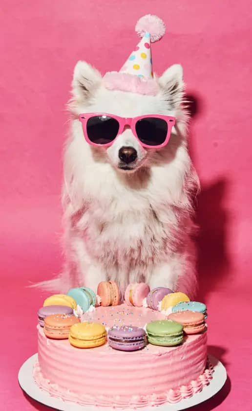 Your pet with a birthday hat and a cake.