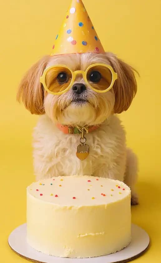 Your pet with a birthday hat and a cake.