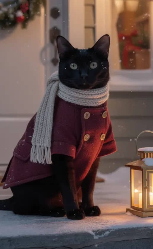 A nostalgic Christmas caroling scene with your pet on a snowy doorstep, wearing a cozy wool coat and scarf by the glow of a candle lantern.