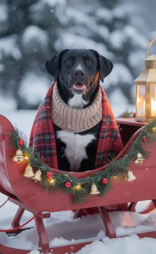 A magical winter sleigh ride with your pet in a classic red sleigh, decorated with evergreen wreaths and golden bells under a soft snowfall.