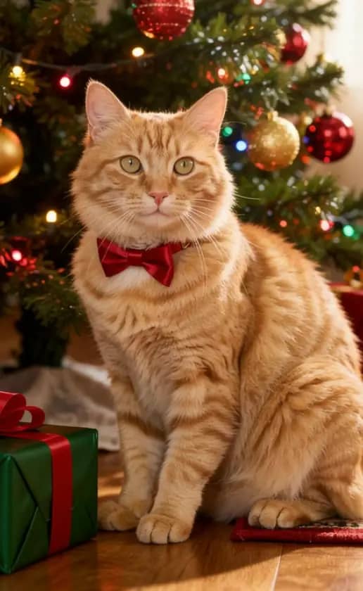 A classic Christmas morning scene with your pet beside a beautifully decorated tree, surrounded by wrapped gifts and warm, glowing lights.