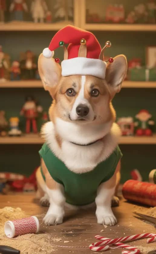 Your pet as a busy helper in Santa's workshop, wearing a festive elf hat and vest amidst toys, ribbons, and holiday gifts.